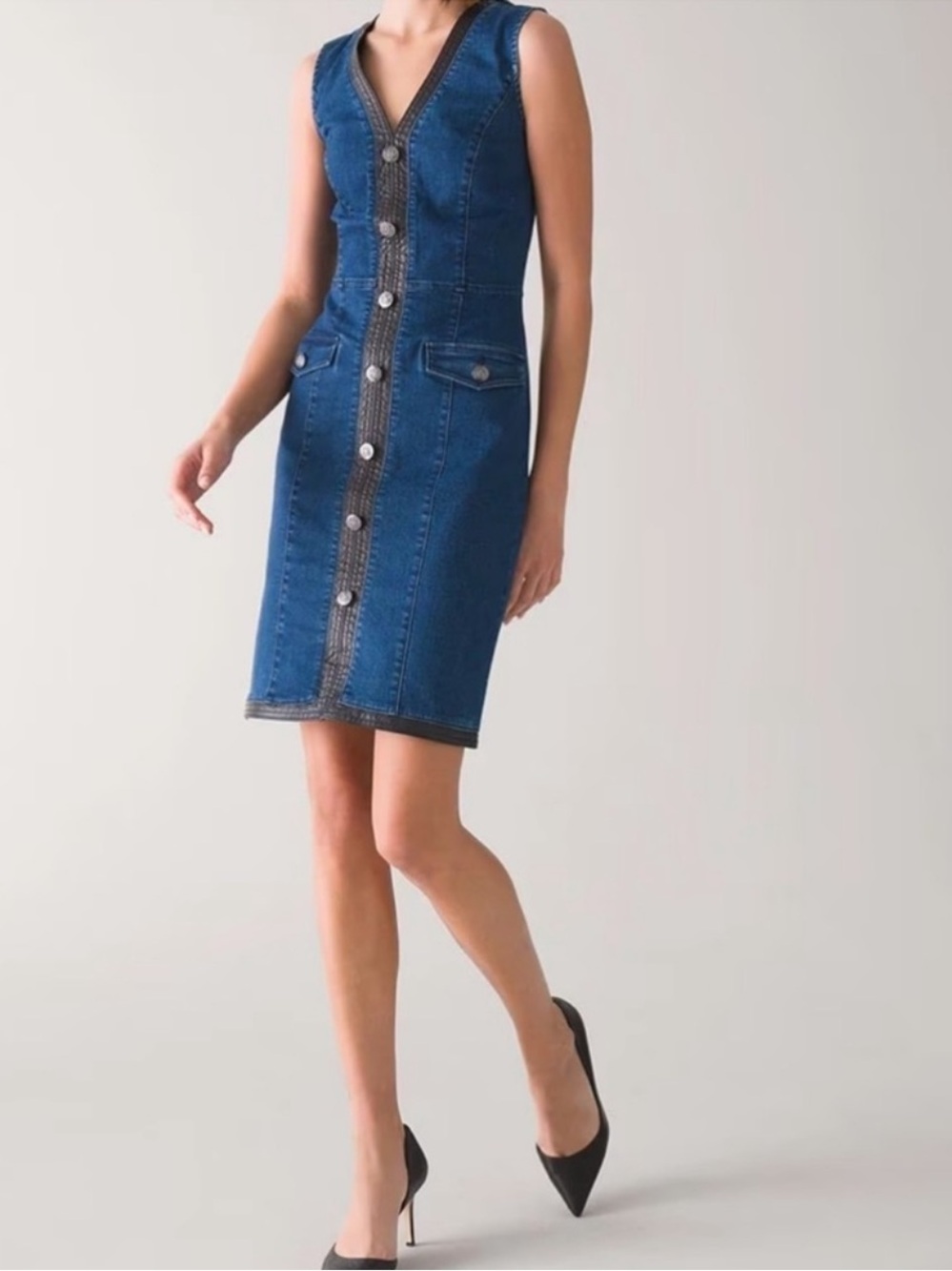 NWTWhite House Black Market Denim Blue Sleeveless Button Trim Detail Front Dress
